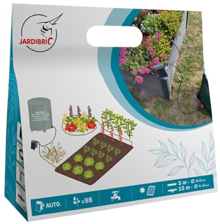 Jardibric – Kit de riego por goteo con bomba solar programable: caudal de 26 l/h, aspiración vertical máxima de 2 m, 15 m de manguera incluida para un riego ecológico y eficaz