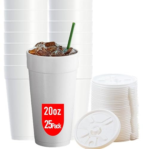 20 OZ Foam Cups With Lids for Hot & Cold Drinks, USA-Made 25-Pack. Ideal Styrofoam Coffee Cups, Insulating To-Go Cups for Soda, Tea, Juice - Sturdy, Disposable & comparable to Industry standard 20J20