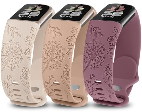 TOYOUTHS 3 Stück Löwenzahn Floral Gravierte Armband Kompatibel mit Fitbit Charge 6/Charge 5 Armband Damen, Blume Cute Weich Silikon Sport Armbänder für Charge 6, Polarstern/Milchtee/Rauch Violett