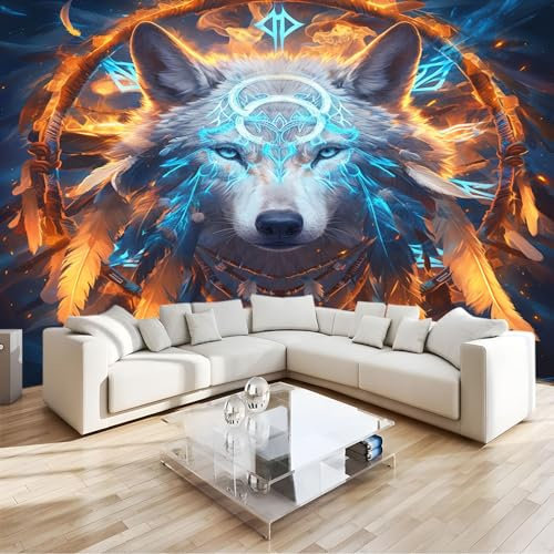 Papier Peint Panoramique 3D Murales Animal Loup Et Attrape-Rêves Murale 3D Papier Peint Intissé Poster Décoration Fond De Mur Tv Salon Papier Peint Murales 350 (H) x 256 (L) cm