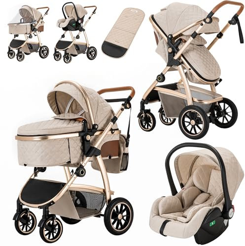 Lnhcrbs Passeggino 3 in 1 con Seggiolino Auto, Passeggino Leggero con Maniglia di Spinta Regolabile in Altezza, Carrozzina Reversibile Rivestita con Zanzariera, Sacca per La Mamma e Portabottiglie