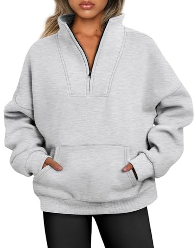 Jhsnjnr Felpa da donna in pile, foderata, a maniche lunghe, con chiusura lampo, streetwear, colletto alto, mezza zip, oversize, grigio., XL