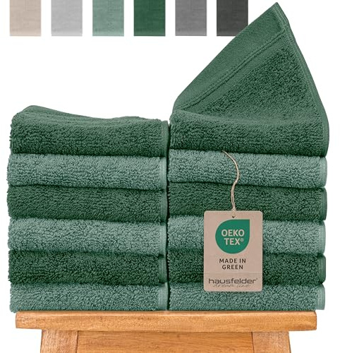 Hausfelder Gästehandtücher Farbmix 12er Set, 50x30cm - 100% Baumwolle Oeko-TEX Zertifiziert, Handtücher klein, weich, saugstark, Farbe: Dunkelgrün/Hellgrün