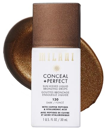 Milani Bronzer- Sun Kiss Bronzing Drops, Conceal + Perfect Liquid Bronzer for Sheer, Weightless Coverage & Hydration enriched with Peptides & Tripeptides - Dark