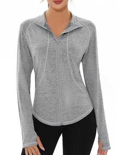 Gyabnw Trainingsjacke Damen Fitness Langarm Trainingsjacke Reißverschluss Sweatjacke Leicht Yoga Fitness mit Tasche Daumenloch