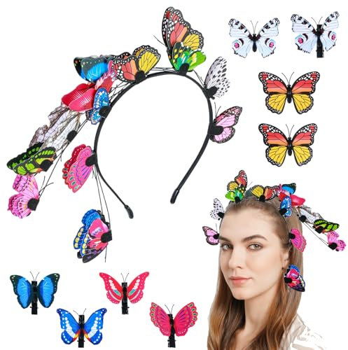 Nogeqi Lot de 8 accessoires de cheveux papillon avec autocollants pour costume d'enfant - Bandeau papillon - Bandeau pour femme - Accessoire de cheveux pour carnaval