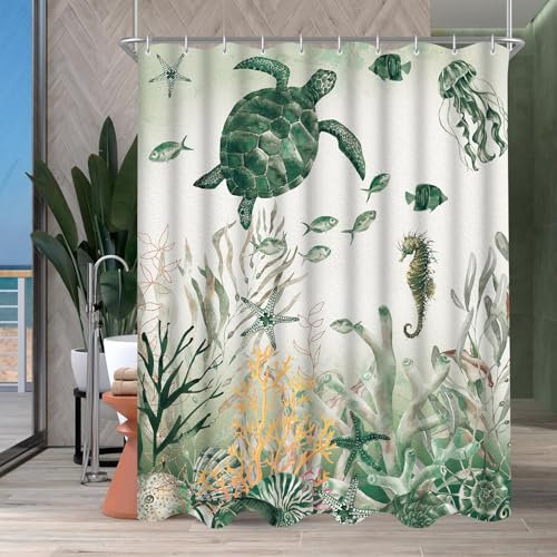 Lerores Rideau de douche 120 x 200 cm, textile anti-moisissure, motif tortue de mer, ourlet lesté, imperméable, lavable, en polyester, avec 8 œillets et anneaux de rideau de douche, pour salle de bain
