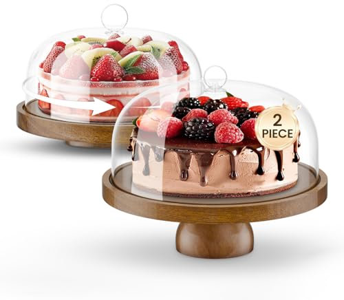2 Tortenplatten aus Holz mit Deckel, 6-in-1 Tortenständer mit Fuß Set, 30cm Holztablett mit Rillen & 25cm Runde Kuchenplatte mit 2 Kunststoffhauben, Vielseitige Servierplatte für Kuchen, Käse, Snacks