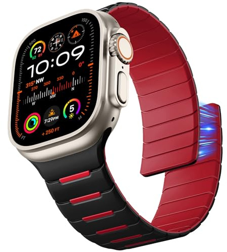 Epova Magnetisch Silikon Armband Kompatibel mit Apple Watch Armband 42mm 49mm 46mm 45mm 44mm - Herren Magnet Sport Armbänder für iWatch Ultra 3 SE 3 Series 11 10 9 8 7 6 5 4 3 2 1, Schwarz/Rot