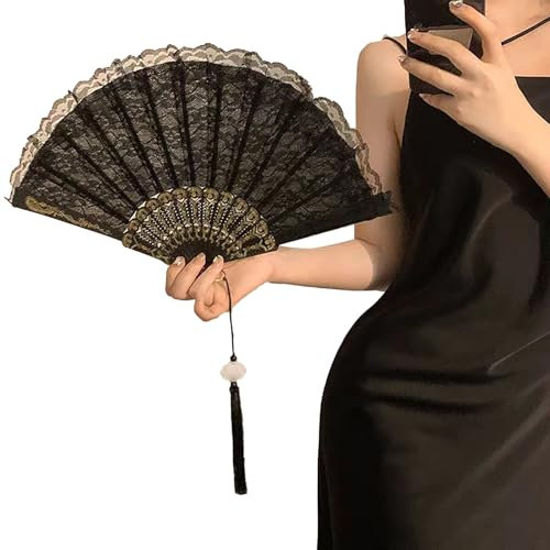 Vintage Lace Tassel Hand Fan, Feather Folding Fan, Black/White for fancy dress parties and proms! (Black)