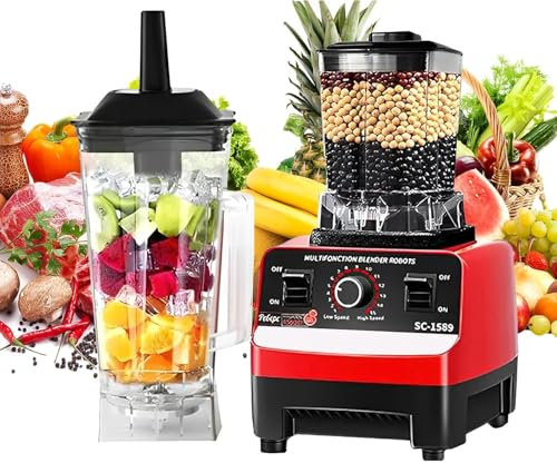 6000W 2.5L Blender Smoothie Maker, 2 in 1 Food Jug Blender with 4 Sharp Stainless Steel Blades, Ice Crusher, Mill, Coffee/Spice Grinder (B)