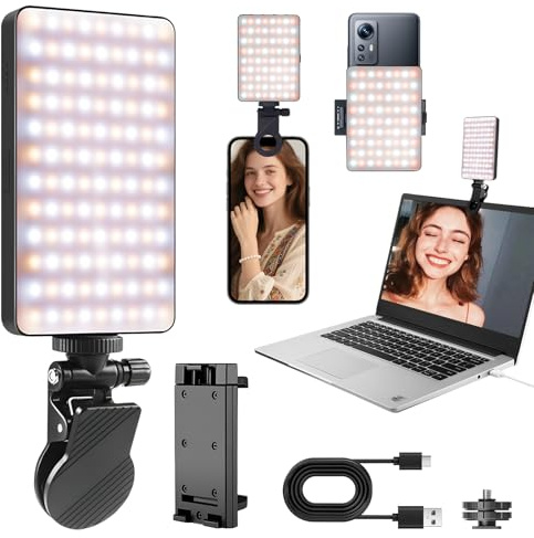Anluomafuy Basic Clip On Selfie Licht, 1500mAh Wiederaufladbares LED Videolicht mit Handy Clamp, 3000-9900K, 3 Lichtmodi, 5 Helligkeit, für iPhone, Android, iPad, Laptop, Make up Fotografie