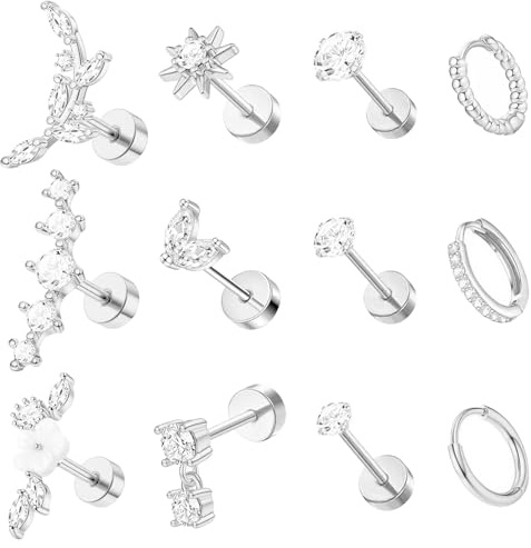 LjFrexia 12 Stück Helix Piercings Set, Tragus Knorpel Ohrringe für Damen Piercing, Gold Silber Conch Helix Tragus Conch Piercing Ohr Schmuck, für Mädchen Geschenk
