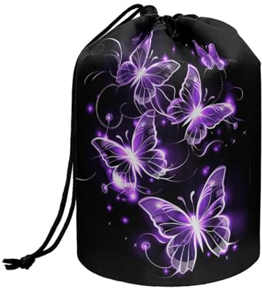 Wnbucioht Purple Butterfly Drawstring Makeup Bag for Women Girls Cosmetic Pouch Bag Drawstring Makeup Bag Butterflies Print Large Capacity Travel Cosmetics Wash Bag Stand up Toiletry Bucket Bags
