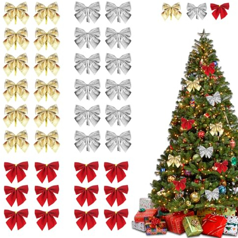 Weihnachten Schleifen,Zierschleifen Weihnachtsbaum,Bögen Weihnachtsdeko Weihnachtsschleifen,36 Stück Weihnachtsbogen Geschenkschleife für Weihnachtsbaum(Gold+Silber+Rot)