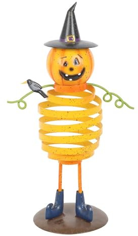 Orange Springy Pumpkin Man Ornament | Halloween Metal Decoration | Autumn Display with Witch Hat & Quirky Design