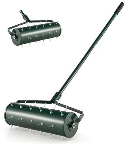 FANTASK Rasenlüfter Walze, rollender Aerifizierer manuell mit Stiel & 3,4cm Nägeln, Gartenwalze, Vertikutierer Rasenwalze für Garten, Hof, Terrasse (53 x 130 cm,Grün)