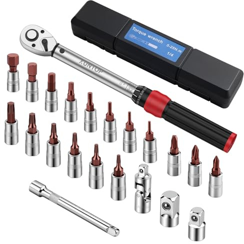 XUNTOP Llave Dinamométrica 22PCS Llaves de Carraca 1/4 5-25Nm con Cabeza de Carraca Reversible de 72 Dientes, Puntas Hex/Phillips/Torx Precisión±3% para Reparación de Bicicletas, Moto,Coche,Camión