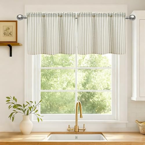 DWCN Gestreift Grün Leinen Kurz Scheibengardinen Küche Leinenoptik Vorhänge | H45xB60cm 2er Set Modern Gardinen Halbtransparente Fenstervorhänge Landhausstil für Bistrogardine Wohnwagen Schrankvorhang