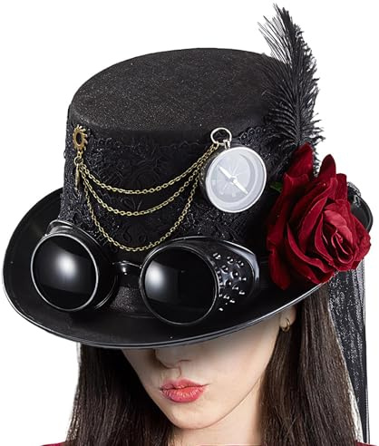 Mppchhn Steampunk Hut Herren Gothic Stil | Damen Hut im Viktorianischen Stil | Verkleidungskopfschmuck mit Abnehmbarer Rose und Gogelkette für Herren Filmrequisiten Cosplay Halloween Party
