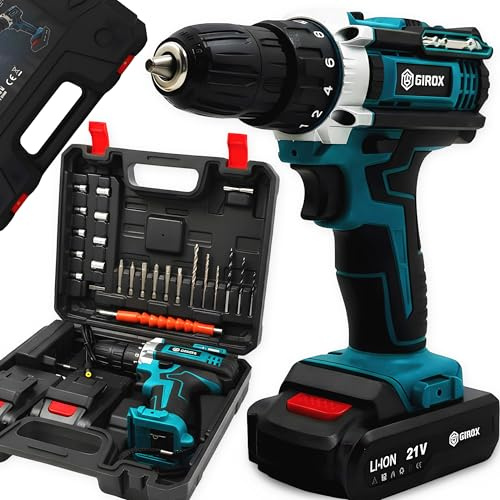 Girox - Akku Bohrschrauber 21V Blau - Akkuschrauber Set mit 2x 2,0Ah Li-Ion Akku und Ladegerät - 2 Gänge 35 Nm - 10 mm Bohrfutter - LED und Wasserwaage - Tragekoffer - für Holz Metall Kunststoff