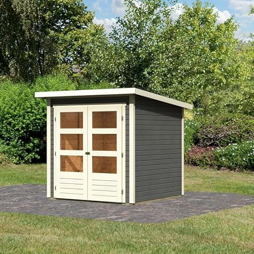 Karibu Stockach 2 | Abri de Jardin Bois Massif Épicéa Nordique Gris Terre 3,46m² | Double Porte Vitrée & Toit Plat Bitumé | Kit Plancher Optionnel
