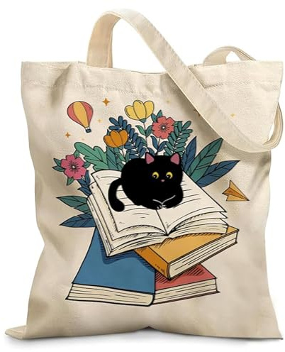 Nymora Katzen Tasche Canvas – Bücherförmige Katzen Tote Bag für Frauen, Süße Cat Merch Einkaufstasche