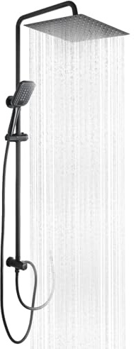 OFFO Colonne de Douche sans Mitigeur, Pommeau Pluie Carré 20x20 cm, Noir | Ensemble de Douche avec Barre Réglable 86-120 cm, Flexible 1,6 m, Installation Facile, Hauteur Ajustable