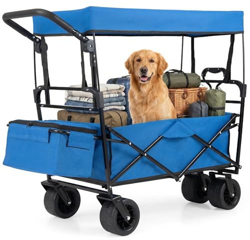 COSTWAY Bollerwagen faltbar mit Dach, Strandwagen mit verstellbarem Griff & Abnehmbarer Aufbewahrungstasche, Handwagen bis 100 kg Belastbar, Gartenwagen 100L, Transportwagen für Camping (Blau)