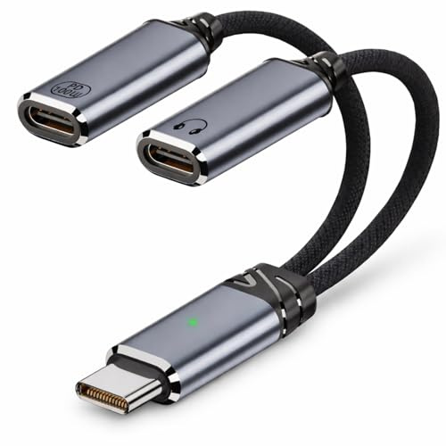 Adaptateur Double USB C Répartiteur USB C 2 en 1 Splitter Type‑C Audio, Écouteurs Filaire USB C, Charge PD 100W Câble Nylon, Compatible iPhone 16/15 Pro Max, iPad, Samsung S25/S24/S23 — Gris