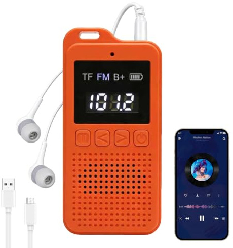 7JI Mini Radio FM Portátil, Bluetooth Radio de Bolsillo con Auriculares | 87,5-108 MHz, baterías recargables, 3 modos, compatible con tarjetas microSD de hasta 64 GB, adecuado para correr y caminar