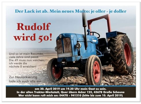Einladungen zum Geburtstag, für jedes Alter möglich, lustig witzig 30 40 50 60 70, Traktor Trecker, 70 Karten