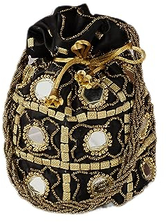 Purpledip Potli Beutel mit Kordelzug: Goldfäden, Pailletten-Stickerei, tiefschwarz, Einheitsgröße