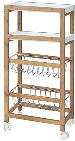 BAKAJI - Carrito de Cocina - Modelo Slim para Ahorrar Espacio - Material Madera de bambú - 2 bandejas extraíbles - 2 cestas de Metal - 4 Ruedas giratorias - Color bambú Natural