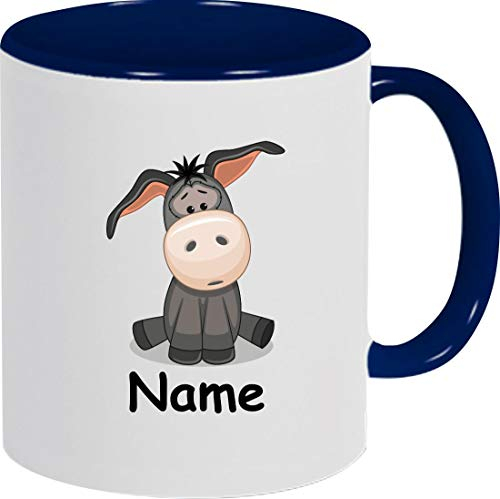 Shirtinstyle Kindertasse, Teetasse, Tasse, Esel mit Wunschnamen, Wunschtext, Spruch, Kinder, Tiere, Natur, Kaffeetasse, Pott, Becher, Farbe blau