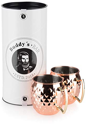 Buddy´s Bar - 2 Moscow Mule Becher, 500 ml, hochwertige Edelstahl-Becher mit Ananas Struktur, lebensmittelecht, Pineapple-Skin Cocktail Becher inkl. Geschenkbox, 2er Set, Kupfer poliert