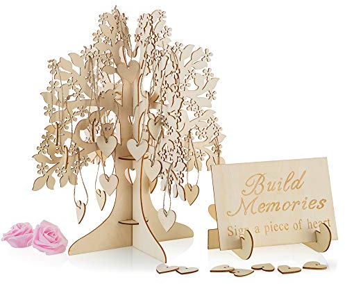 NUPTIO Einzigartige Hochzeitsgast Buch Alternative mit 50 stücke Holz Herzen, Holz Baum Rahmen Drop Box Gästebücher mit Stand