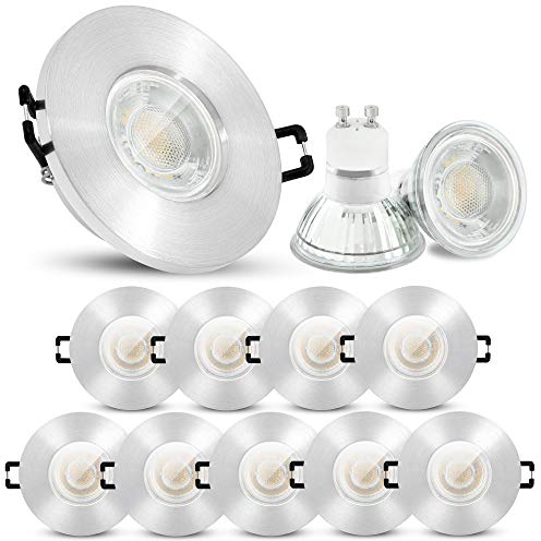 linovum 10er Set ISASO Bad Einbauspots LED in Alu silber gebürstet IP65 - mit LED GU10 5W warmweiß 230V - Badspots rund im Set
