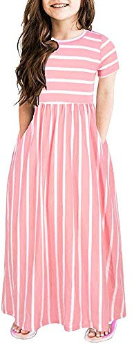 YEBIRAL Sommerkleider Mädchen Kurzarm Kleid Baumwolle Streifen Print Lange Kleid Tasche Rundhals Freizeitkleidung 2-12 Jahre
