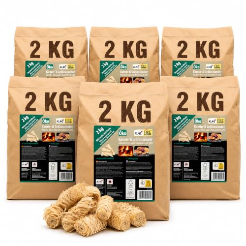 KMFiremaker Anzündwolle Set 6 Säcke je 2KG insgesamt 12KG ökologische Holzwolle Anzünder mit natürlichem Wachs für Kamin, Grill, Feuerstelle und Ofen - Lange Brenndauer