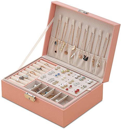 Mtianxy Schmuckkästchen, Damen Doppelschicht PU-Leder Aufbewahrungskoffer für Ringe Ohrringe Armbänder Halsketten Schmuck Veranstalter Geschenkbox für Mädchen Frauen(Rosa)