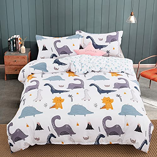 White Kids Dinosaurs Bedding Set Children Boys Animals Duvet Cover Set,1 Pillowcases with Zipper,Soft Microfiber,Single (135cm x 200cm)