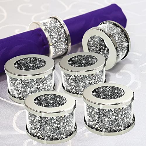 STYLISHIA Silberner Diamant-Serviettenhalter aus Glas, gerahmt, Kristall, silberfarbene Serviettenringe, Set mit 6 Stück, glitzernde Serviettenschnallen, Stoffhalter, glitzernde Diamanten,