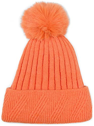 styleBREAKER Damen Strick Bommelmütze Einfarbig mit Rippen Muster und Fleece Futter, Winter Mütze, Strickmütze 04024198, Farbe:Apricot