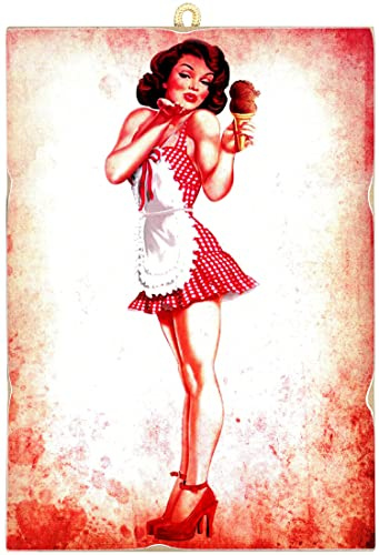 KUSTOM ART Bild im Vintage-Stil, quadratisch, Serie Pin-Up mit Eis, Sammlerstück auf Holz, 25 x 18 cm, Dekor Eisdiele Gebäck