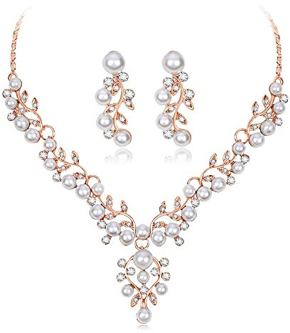 Cangall Jewellery Sets for Women, Necklace and Drop Earring Set with Clear Crystal & Pearl, Rose Gold Wedding Jewellery Set for Ladies Bride Bridesmaid, Pearl Crystal Women's Jewellery Set for Prom