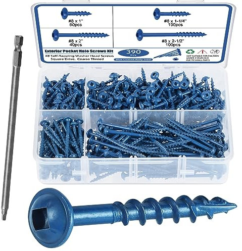 SATANTECH Kit assortito di viti con foro tascabile, 390 pezzi in 4 misure #8 x 1, 1-1/4, 2, 2-1/2, viti per legno a filettatura grossa con attacco quadrato, rivestimento blu, autofilettante, punta