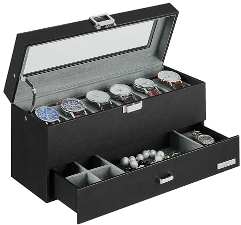 VASIHO Scatola per Orologi a 6 Scomparti, Cassetta con Coperchio in Vetro, Chiudibile, Astuccio Portagioielli 2 Livelli, 1 Cassetto, Anello, Cassa Portaorologi con Chiusura, Grigio SSH206HV1