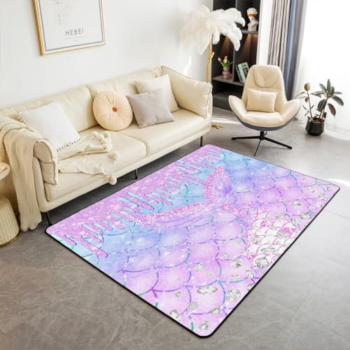 Homemissing Glitzer Meerjungfrau Wetterfest Wohnzimmerteppich Jungen Mädchen Pastellfarben Bunt Teppich 100x150cm Lila Rosa Modern Teppich für Wohnzimmer Küche Balkon Outdoor Teppich Zimmer Dekor