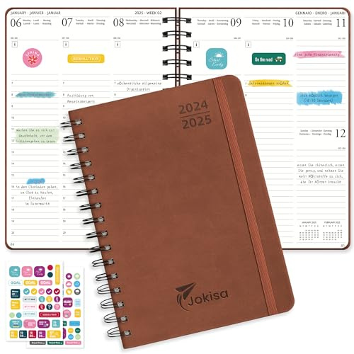 Kalender 2025 Wochenplaner, Terminplaner A5 mit Hochwertiger Ledereinband, Spiralbindung, einfaches Umblättern und flaches Auflegen, Buchkalender 2025 A5 1 Tag 1 Seite für Organizer, Terminkalender